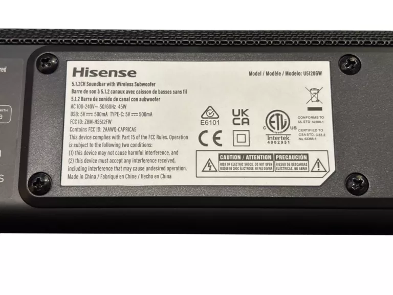 SOUNDBAR HISENSE U5120GW 5.1.2-KANAŁOWY + SUBWOOFER 4K DOLBY ATMOS