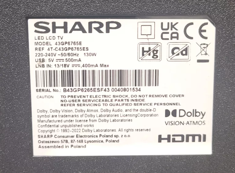 SMART TV SHARP 43GP6765ES 43'' QLED 4K HDR10 GOOGLE TV DOLBY ATMOS