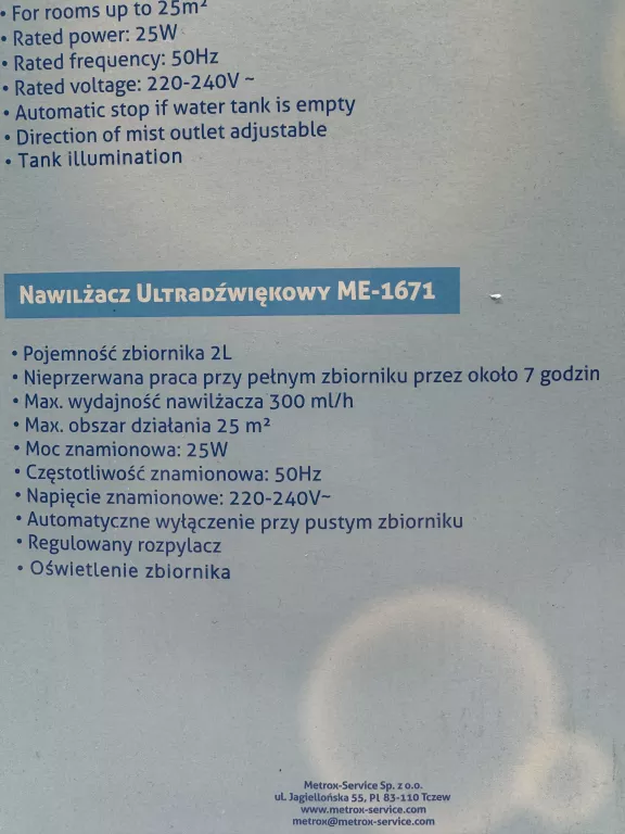 METROX NAWILŻACZ POWIETRZA ULTRADŹWIĘKOWY