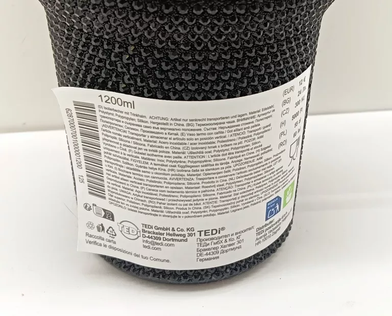 KUBEK TERMICZNY ZE SŁOMKA 1200ML CZARNY CYRKONIE