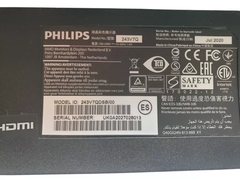 MONITOR PHILIPS 243V7Q 24" LED HDMI FULL HD
