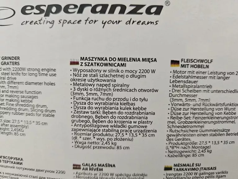 MASZYNKA DO MIELENIA MIĘSA ESPERANZA WELLINGTON EKM033 2200W BIAŁA