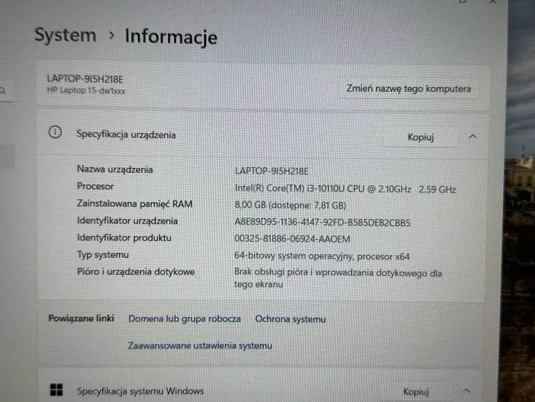 LAPTOP HP 15-DW1000NW 15.6" I3-10110U/8RAM/256SSD/WIN11 WARTO/OKAZJA