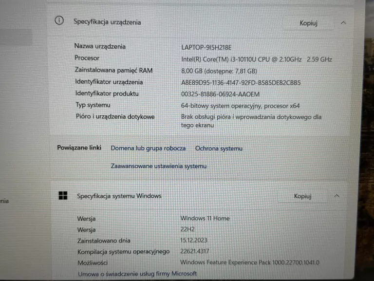 LAPTOP HP 15-DW1000NW 15.6" I3-10110U/8RAM/256SSD/WIN11 WARTO/OKAZJA