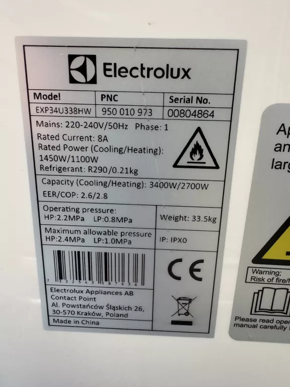 KLIMATYZATOR PRZENOŚNY ELECTROLUX EXP34U338HW/ BR. PILOTA