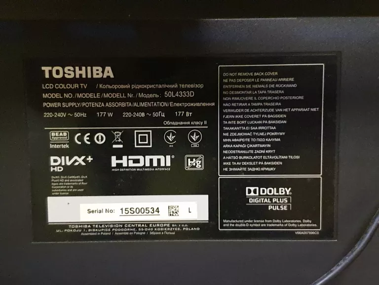TELEWIZOR TOSHIBA 50L4333D LCD-LED 50" FULL HD - BEZ NÓŻEK