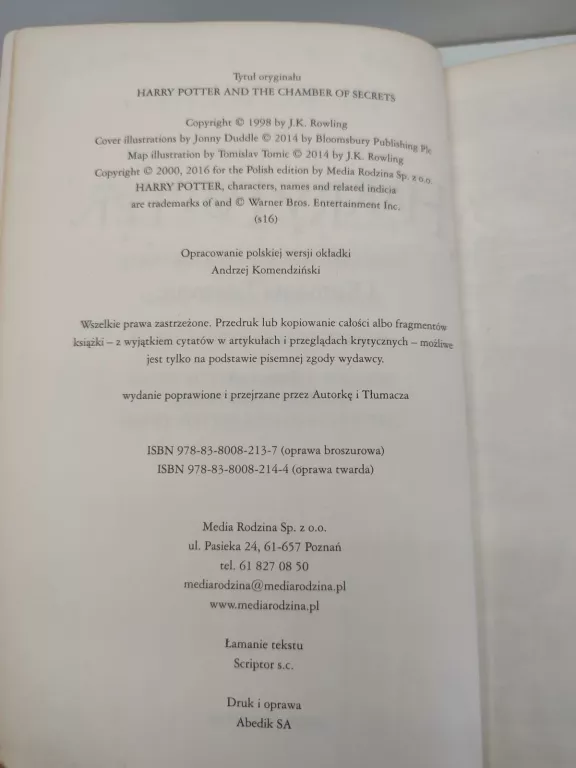 KSIĄŻKA HARRY POTTER I KOMNATA TAJEMNIC
