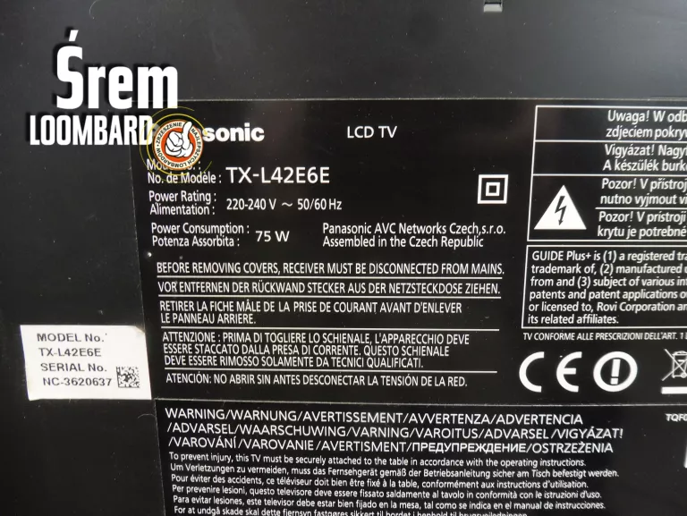 TELEWIZOR PANASONIC TX-L42E6E, PILOT, KABEL ZASILAJĄCY
