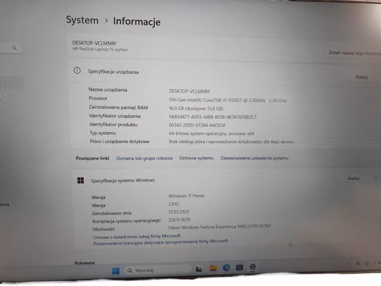 LAPTOP HP PAVILION 15-EG1152NW 15,6 " INTEL CORE I5 16 GB/1000 GB SREBRNY