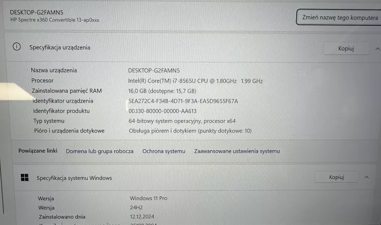 LAPTOP HP SPECTRE 13 X360 13-AP0003NW I7-8565U 8GB RAM 1TB DYSK