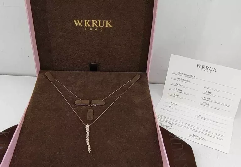 PRZEŚLICZNY ZŁOTY NASZYJNIK Z DIAMENTAMI W.KRUK P.585 2,60G RÓŻOWE ZŁOTO