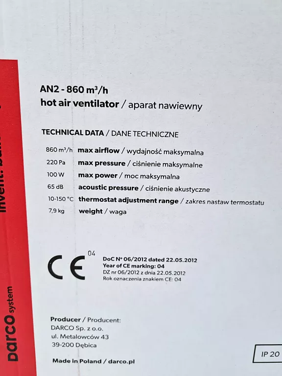 DARCO AN2 600 M3/H APARAT NAWIEWNY TURBINA KOMINKOWA