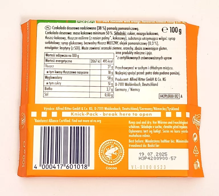 CZEKOLADA MLECZNA RITTER SPORT ORANGE 100G