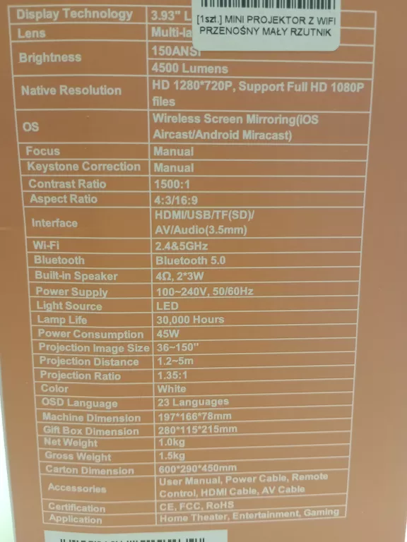 MINI PROJEKTOR Z WIFI PRZENOŚNY MAŁY RZUTNIK FULL HD