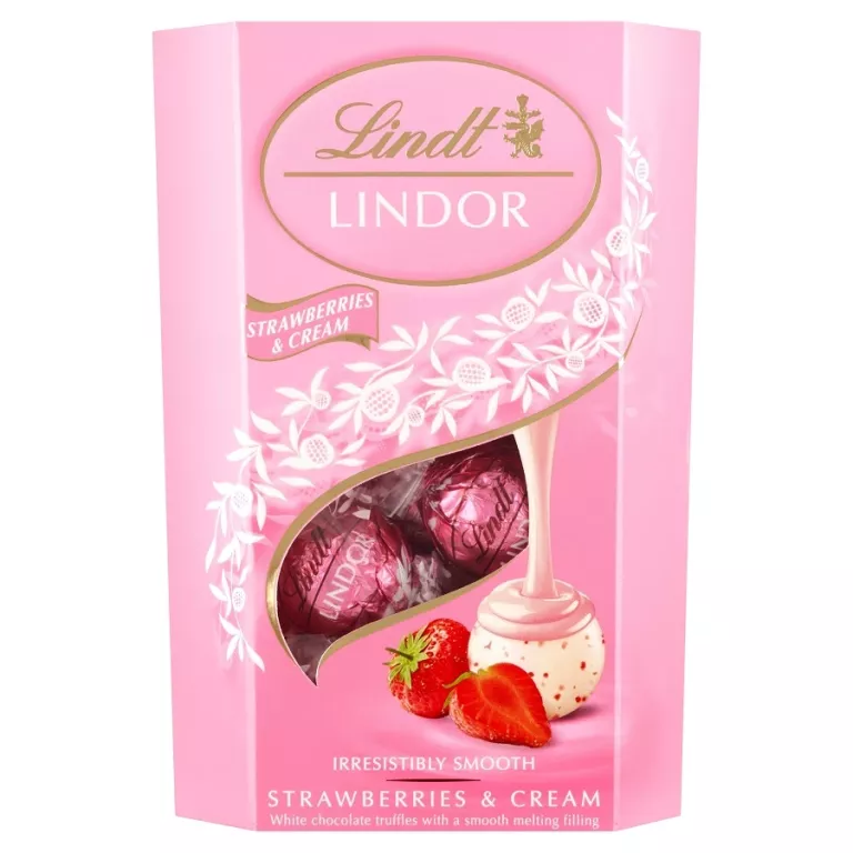 LINDT LINDOR PRALINKI Z BIAŁEJ CZEKOLADY Z KAWAŁKAMI TRUSKAWEK 200 G