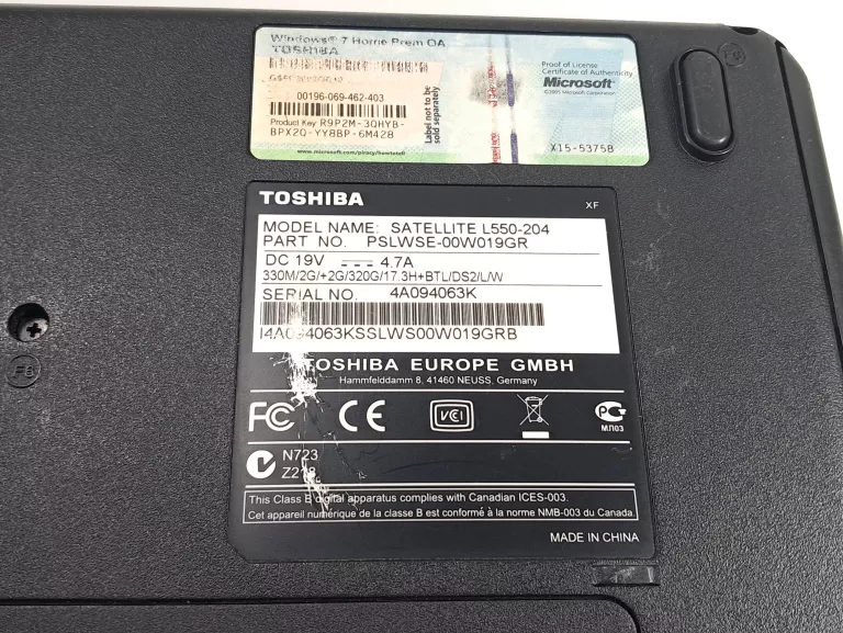 LAPTOP TOSHIBA SATELLITE L550-204 #OPIS