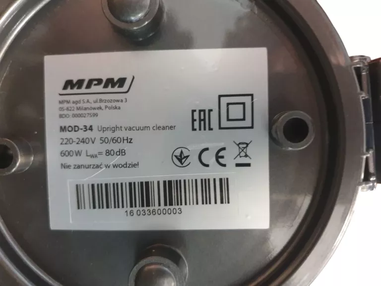 ODKURZACZ PIONOWY PRZEWODOWY BEZWORKOWY MPM MOD-34