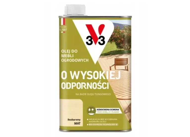 V33 OLEJ DO MEBLI OGRODOWYCH O WYSOKIEJ ODPORNOŚCI BEZBARWNY MAT 0,5L