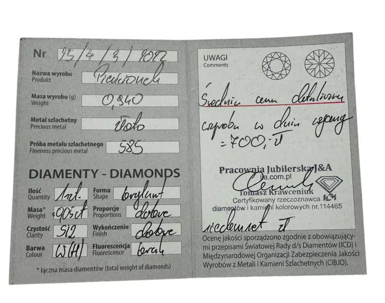 CUDOWNY ZŁOTY PIERŚCIONEK PRÓBY 585 / R. 10 / 0,95G! CERTYFIKAT!