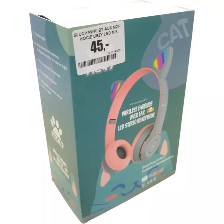 SŁUCHAWKI BLUETOOTH AUX M247 KOCIE USZY ŚWIECĄCE LED RÓŻNE KOLORY