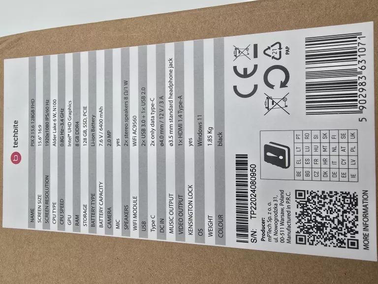 LAPTOP TECHBITE PIX 15.6 N5105 8GB 128GB JAK NOWY!