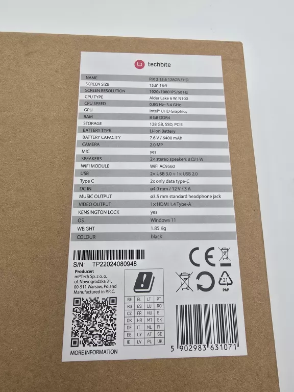 LAPTOP TECHBITE PIX 15.6 N5105 8GB 128GB JAK NOWY!