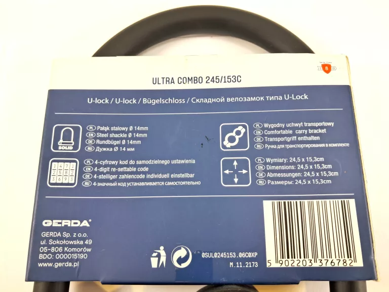 ZABEZPIECZENIE ROWEROWE NA KOD U-LOCK GERDA ULTRA COMBO 245/153C *IDEAŁ*