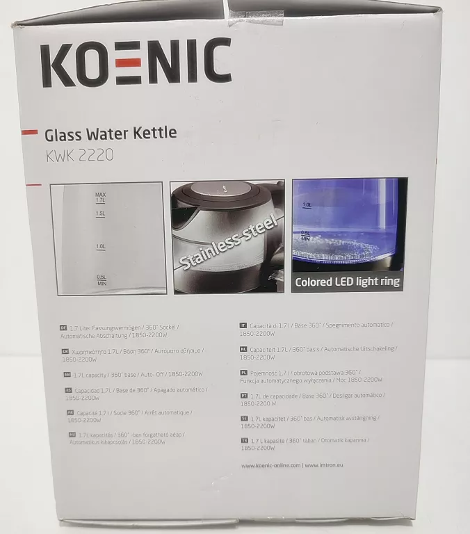 CZAJNIK ELEKTRYCZNY KOENIC GLASS WATER KETTLE KWK 2220 #KOMPLET + GWARANCJ