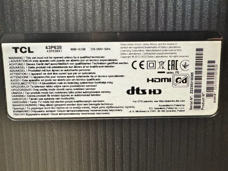 TELEWIZOR TCL 43P638 43" LED SMART TV GOOGLE TV