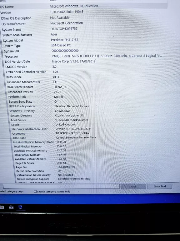 LAPTOP ACER PREDATOR PH317-52 I5 2,30GHZ 16GB DDR 500GB HDD