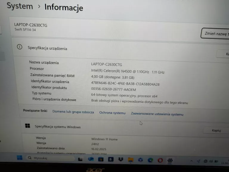 LAPTOP ACER SWIFT 1 SF114-34 14" CELERON N4500 4GB RAM 128GB