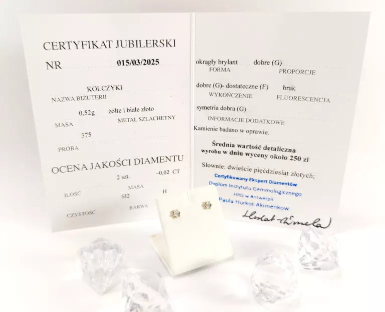 ZŁOTE KOLCZYKI Z BRYLANTAMI 0,02CT 375 0,52G