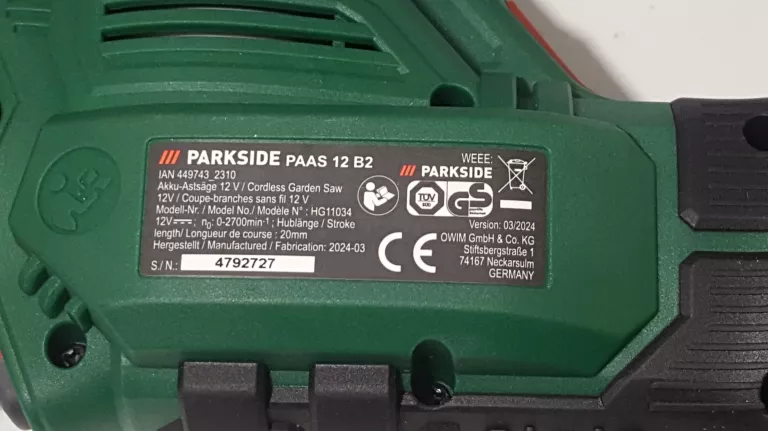 PARKSIDE AKUMULATOROWA PIŁA DO GAŁĘZI 12 V, PAAS 12 B2 AKU ŁAD WAZLIKA