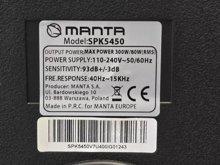 GŁOŚNIK BLUETOOTH MANTA PHANTOM SPK5450 300W KARAOKE GW DO 03.27 OPIS!!