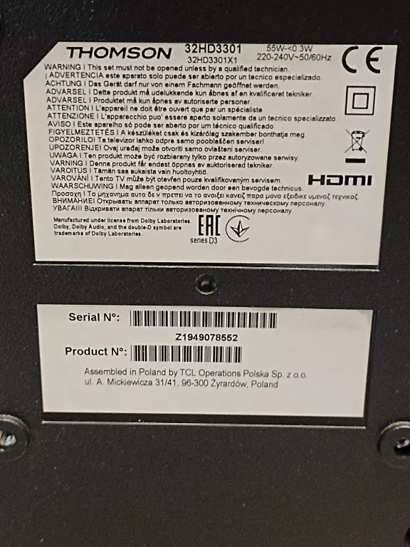 TELWIZOR THOMSON 32HD3301 - 32" - LED - TUNER DVB-T2 WIWA H265 MINI
