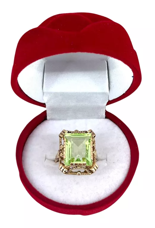 MAJESTATYCZNY ZŁOTY PIERŚCIONEK Z KWADRATOWYM ZIELONYM OCZKIEM 8,91G 585