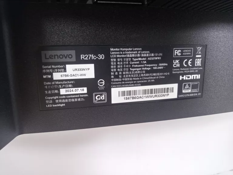 MONITOR LENOVO LEGION 27 CALI R27FC-30