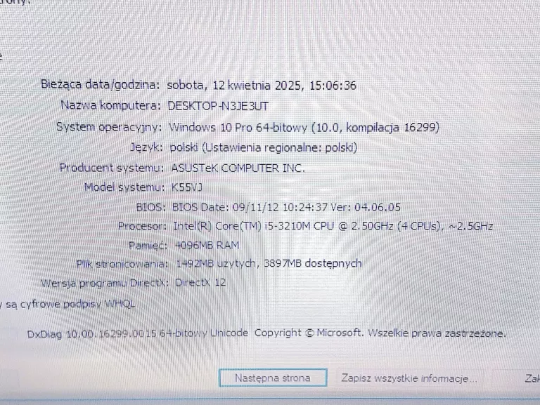 LAPTOP ASUS K55V I5 W10 4/500GB HDD GEFORCE GT635M + ŁADOWARKA