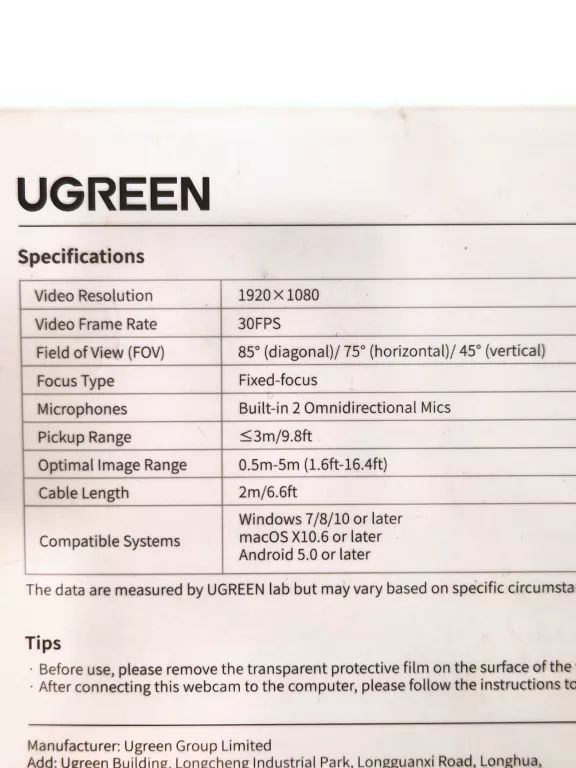 KAMERA INTERNETOWA Z MIKROFONEM FULL HD 1080P 30 FPS USB SREBRNA UGREEN