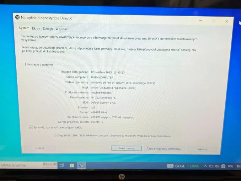 LAPTOP HP G62