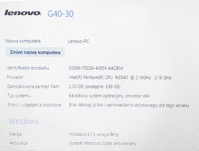 LAPTOP LENOVO G40-30 14 " 2 GB / 500 GB INTEL PENTIUM