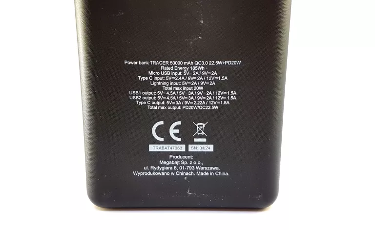POWERBANK TRACER MAGNI 50000 MAH QC3.0 + PD + SCP + VOOC 22.5 CZARNY