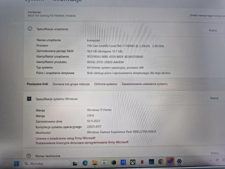 LAPTOP ASUS TUF GAMING F 15 I7-11TH 16GB RTX 3050TI + GWARANCJA