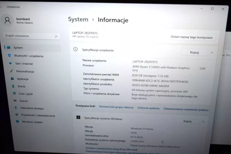 LAPTOP HP 15S-EQ2002NW RYZEN 3 8/256GB SUPER STAN