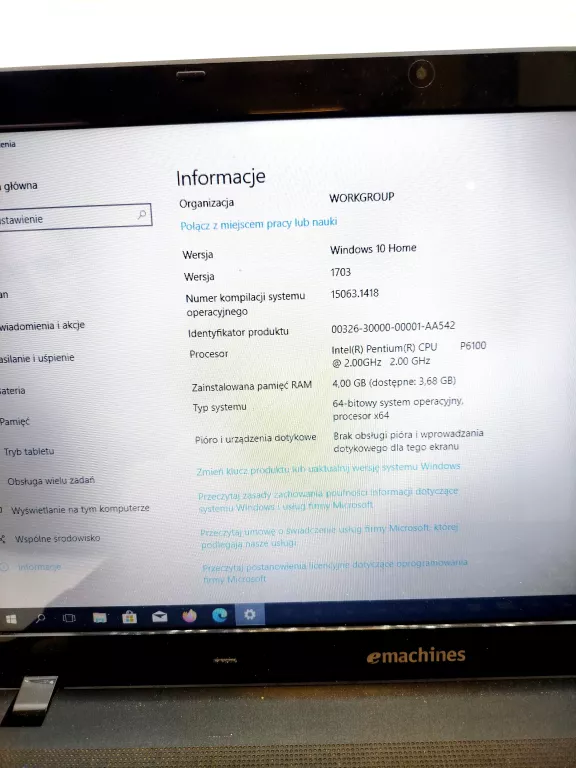 LAPTOP EMACHINES E732 SERIES ZRDB 4GB RAM WIN 10 HOME PROCESOR INTEL PENTI