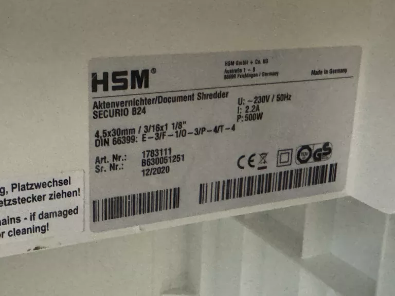 NISZCZARKA DO PAPIERU HSM SECURIO B24 4,5 X 30 MM WROCŁAW