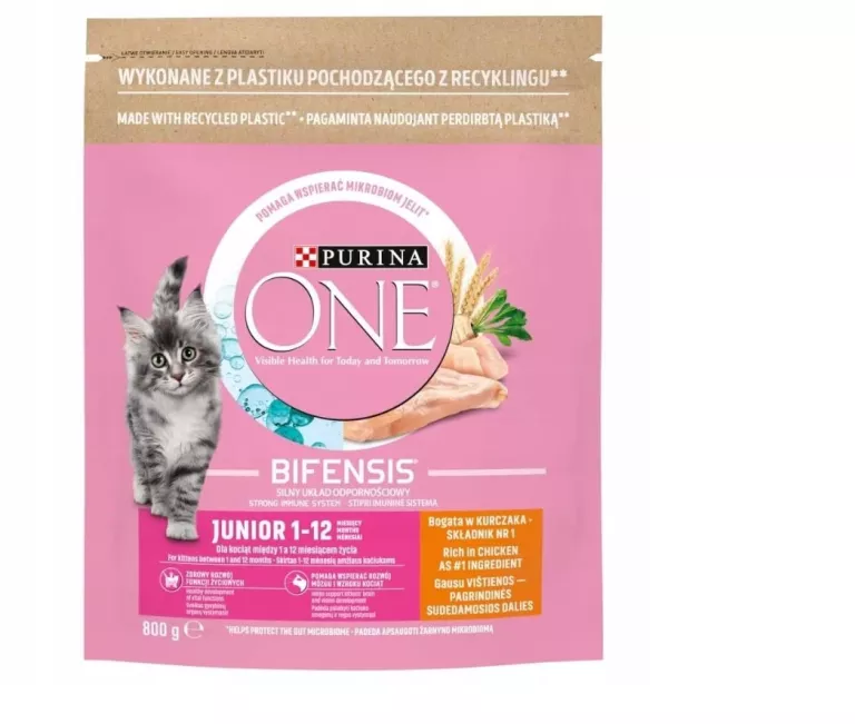 PUPURINA ONE BIFENSIS JUNIOR Z KURCZAKIEM SUCHA KARMA DLA KOTA 800G