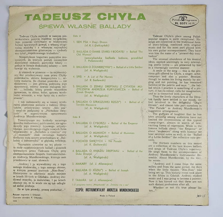 WINYL TADEUSZ CHYŁA ŚPIEWA WŁASNE BALLADY