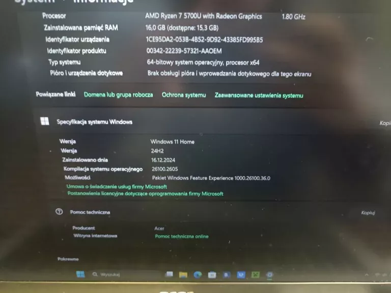 LAPTOP ACER ASPIRE 3 15 RYZEN7 5700U 16GB/512GB SSD W11