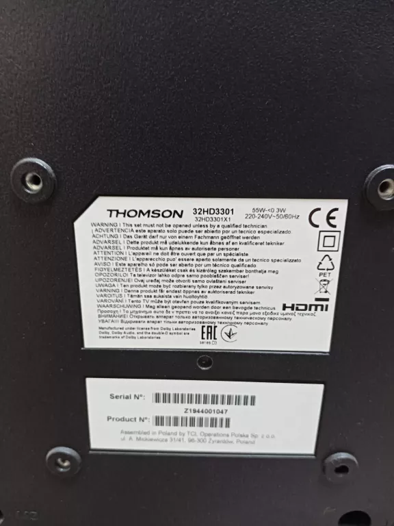 TELEWIZOR THOMSON 32HD3301 32" BRAK PILOTA